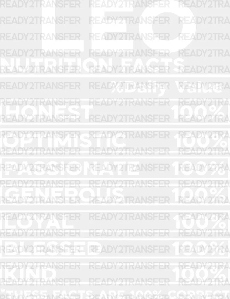 Leo Nutrition Facts - Zodiacs & Horoscopes Dtf Heat Transfer Adult Unisex S M (10’’) / Light