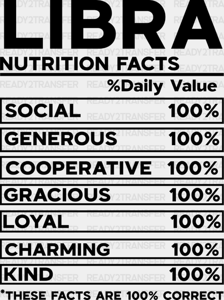 Libra Nutrition Facts - Zodiacs & Horoscopes Dtf Heat Transfer Adult Unisex S M (10’’) / Dark