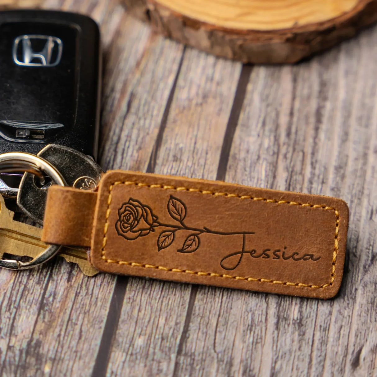 Custom Engraved Leather Keychain – Rectangle