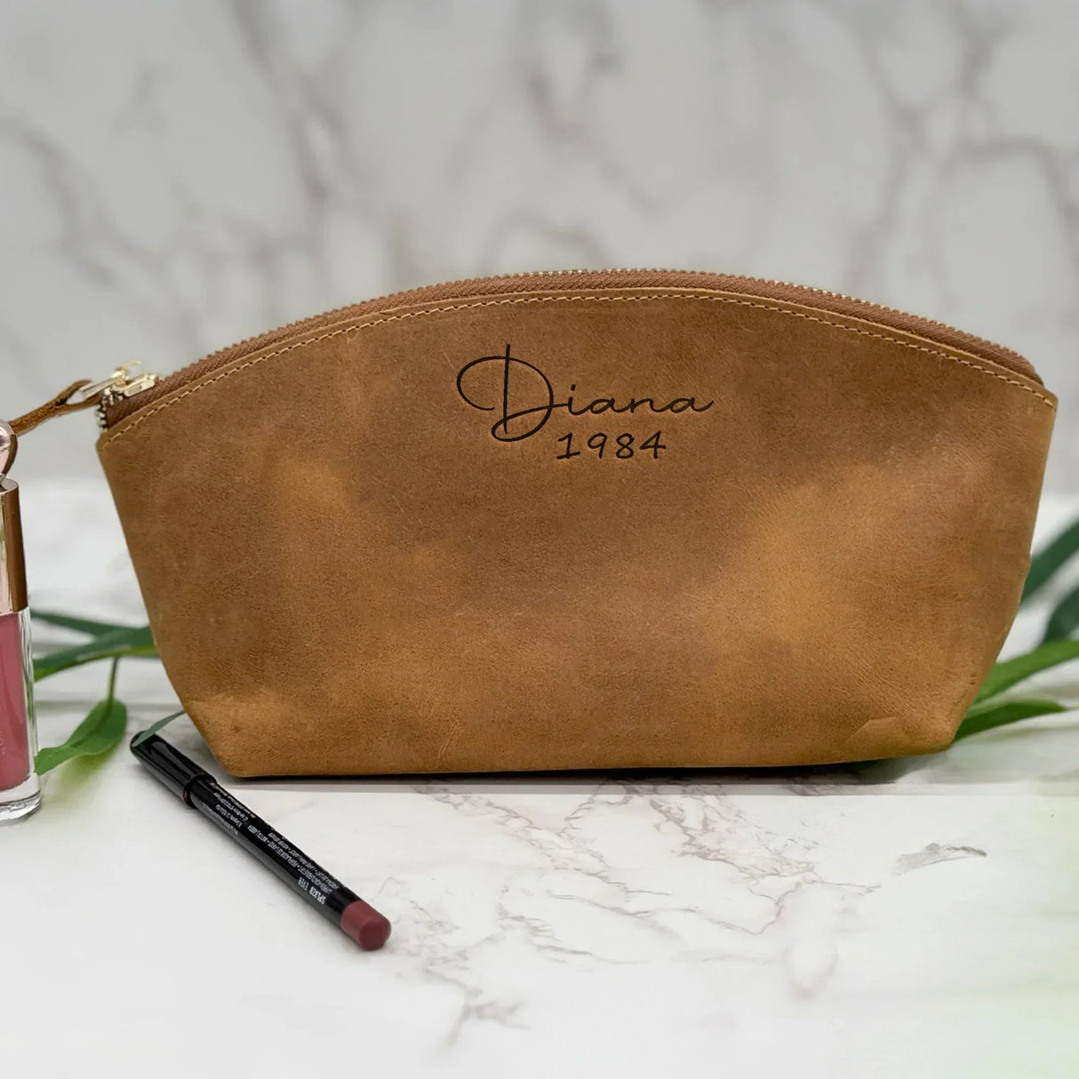 Custom Engraved Leather Makeup Bag for Women