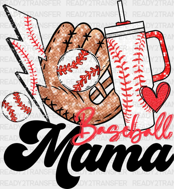 Lightning Glove And Cup Baseball Mama Design - Baseball DTF Heat Transfer