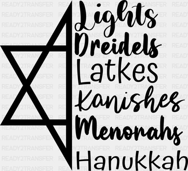 Lights Dreidels Latkes Kanishes Menorahs - Hanukkah DTF Transfer