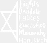 Lights Dreidels Latkes Kanishes Menorahs - Hanukkah DTF Transfer Adult Unisex - S & M (10’’) / Light Color Design (See