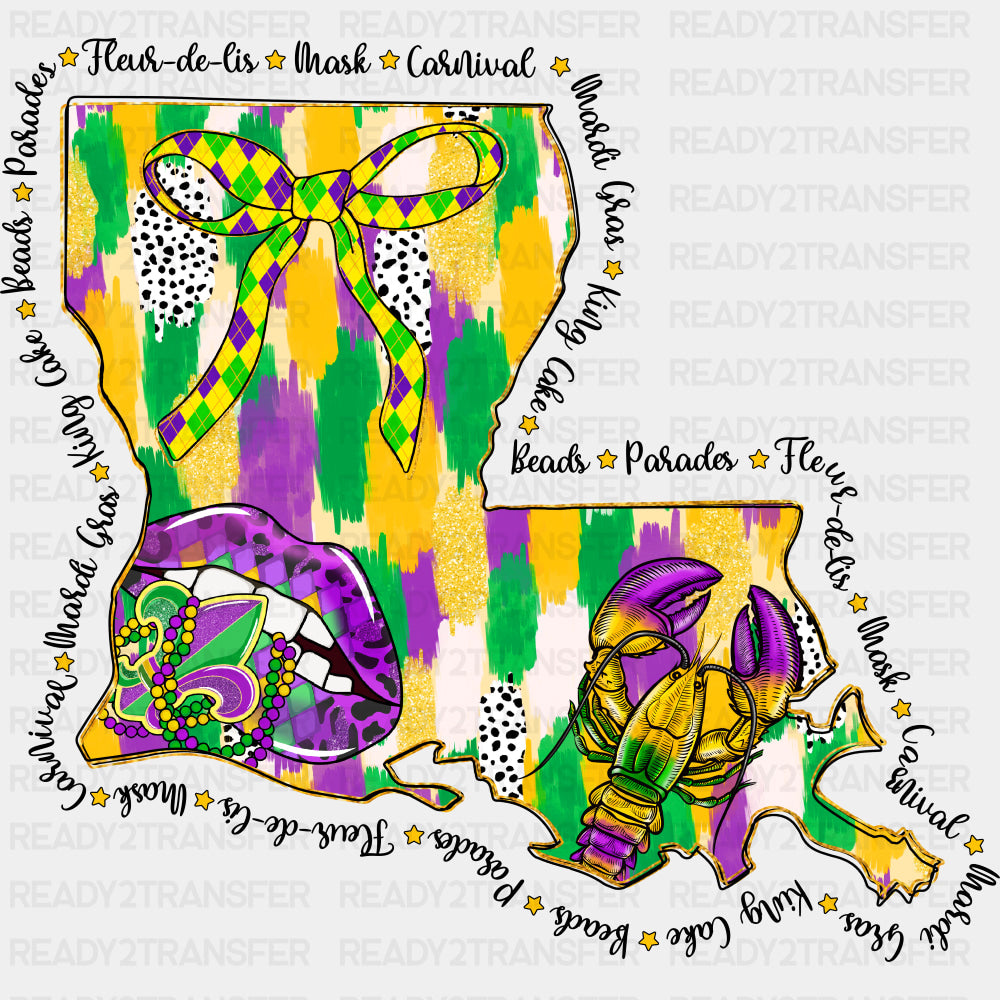 Louisiana Map B&W Text - Mardi Gras DTF Transfers ready2transfer Dark Color Design (See Imaging)