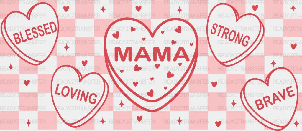 Mama Red Heart Checkered Design - Mom Cup Wrap Uv Sticker Permanent Dtf Decal