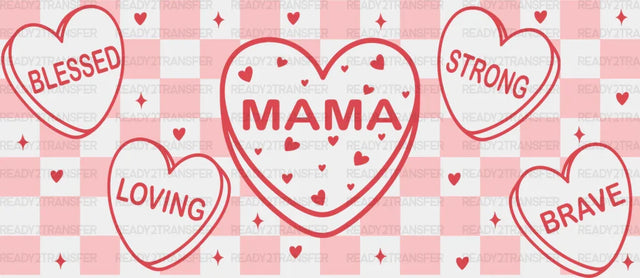 Mama Red Heart Checkered Design - Mom Cup Wrap Uv Sticker Permanent Dtf Decal