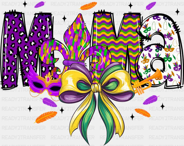 Mama Ribbon & Mask - Mardi Gras DTF Transfer Adult Unisex - S & M (10’’) / Dark Color Design (See Imaging)