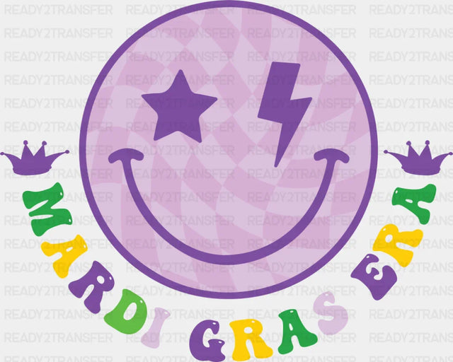 Mardi Gras Era Smiley - Mardi Gras DTF Transfer Adult Unisex - S & M (10’’) / Dark Color Design (See Imaging)