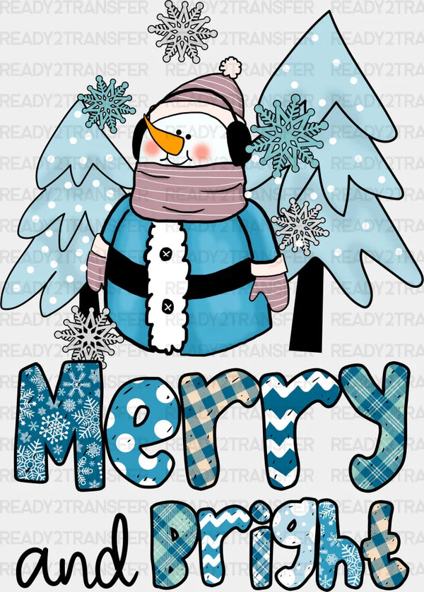 Merry And Bright Snowman Design - Winter Iron On DTF Transfer