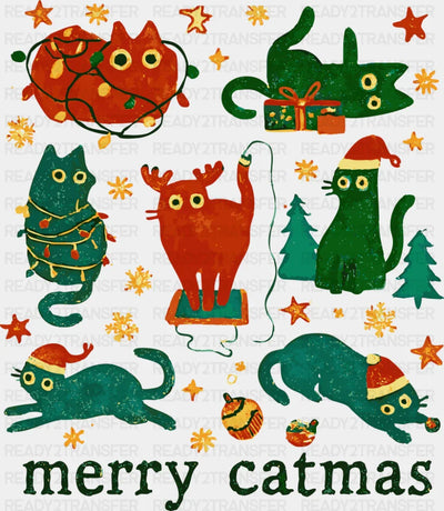 Merry Catmas - Christmas DTF Transfer Adult Unisex - S & M (10’’) / Green Color Design (See Imaging)