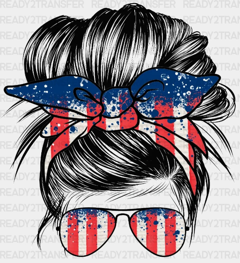 Messy Bun American Mama Dtf Heat Transfer Independence Day Design Fourth Of July
