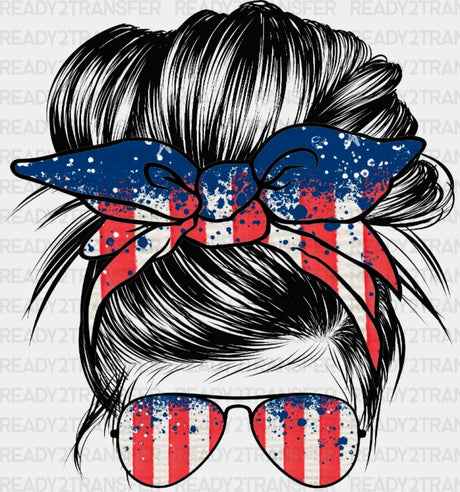 Messy Bun American Mama Dtf Heat Transfer Independence Day Design Fourth Of July