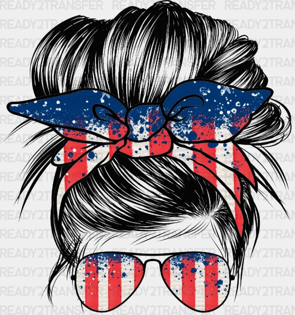Messy Bun American Mama DTF Heat Transfer, Independence Day Design, Fourth Of July DTF