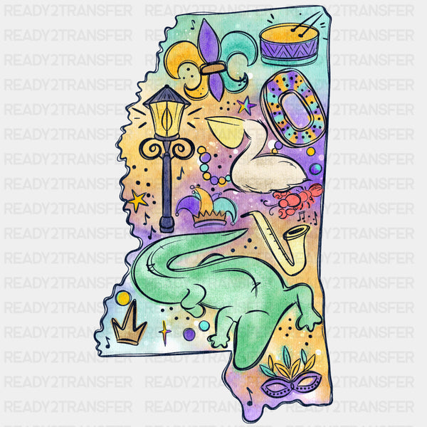 Mississippi Map - Mardi Gras DTF Transfers