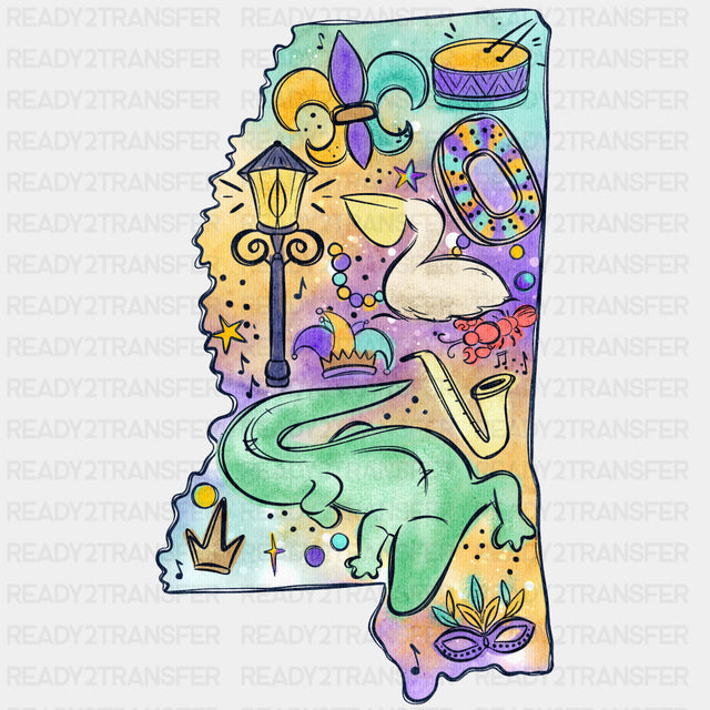 Mississippi Map - Mardi Gras DTF Transfers ready2transfer
