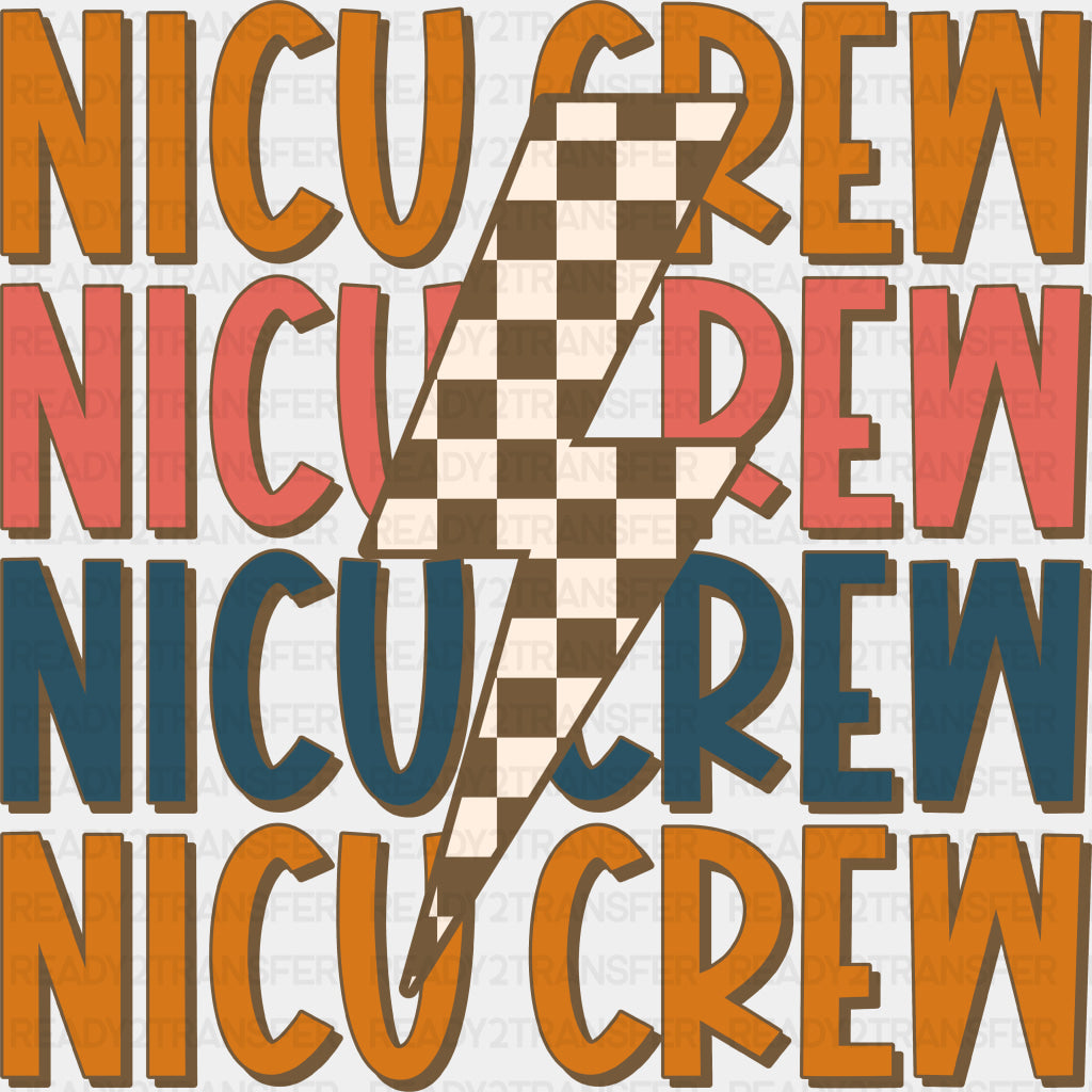 NICU Crew, Checkered Lightning Bolt - NICU Nurse DTF Transfers ready2transfer