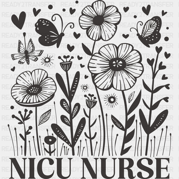 NICU Nurse B&W Flowers & Butterflies - NICU Nurse DTF Transfers