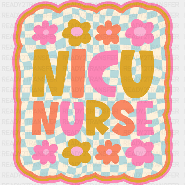 NICU Nurse, Flowers, Blue & White Checkered - NICU Nurse DTF Transfers ready2transfer