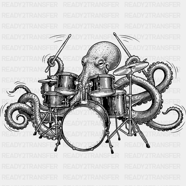 Octopus Drumming B&W - Music DTF Transfers ready2transfer Dark Color Design (See Imaging)