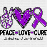 Peace Love Cure B&W Design - Alzheimer's Awareness DTF Transfer ready2transfer Dark Color Design (See Imaging)