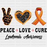 Peace Love Cure, Leukemia Awareness B&W - Leukemia DTF Transfers ready2transfer Dark Color Design (See Imaging)