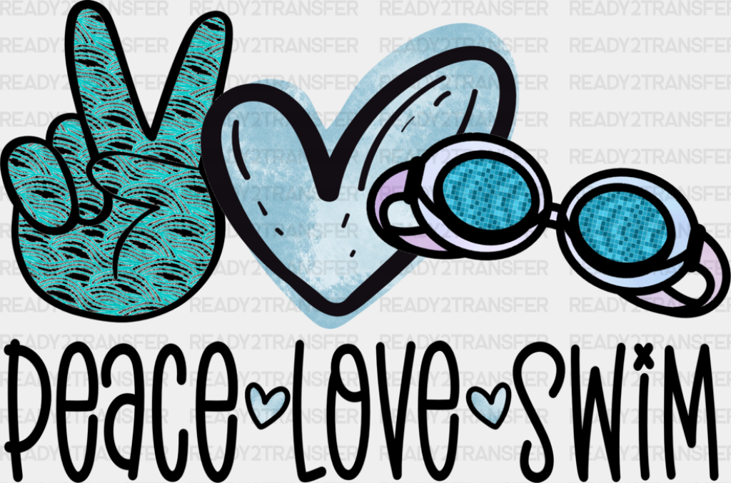 Peace Love Swim Doodles Design - Swimming Dtf Heat Transfer Adult Unisex S & M (10’’) / Black