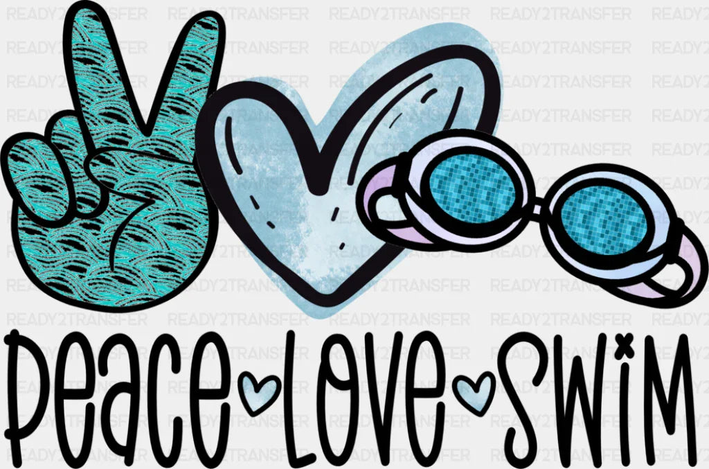 Peace Love Swim Doodles Design - Swimming DTF Heat Transfer ready2transfer Black