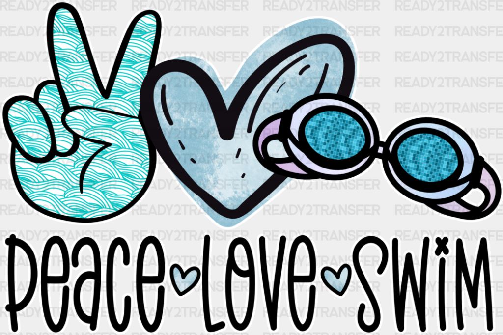 Peace Love Swim Doodles Design - Swimming Dtf Heat Transfer Adult Unisex S & M (10’’) / White