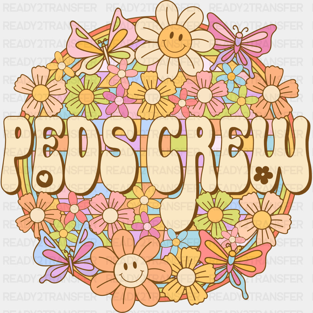 Peds Crew, Flowers, Retro Circular Design - Pediatric Nurse DTF Transfers ready2transfer