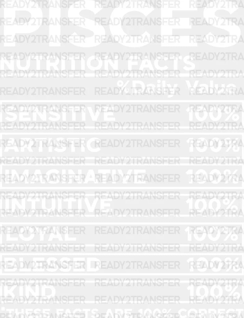 Pisces Nutrition Facts - Zodiacs & Horoscopes Dtf Heat Transfer Adult Unisex S M (10’’) / Light