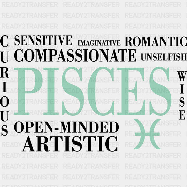 Pisces Qualities, Turquoise, Horizontal - Zodiacs & Horoscopes DTF Transfers