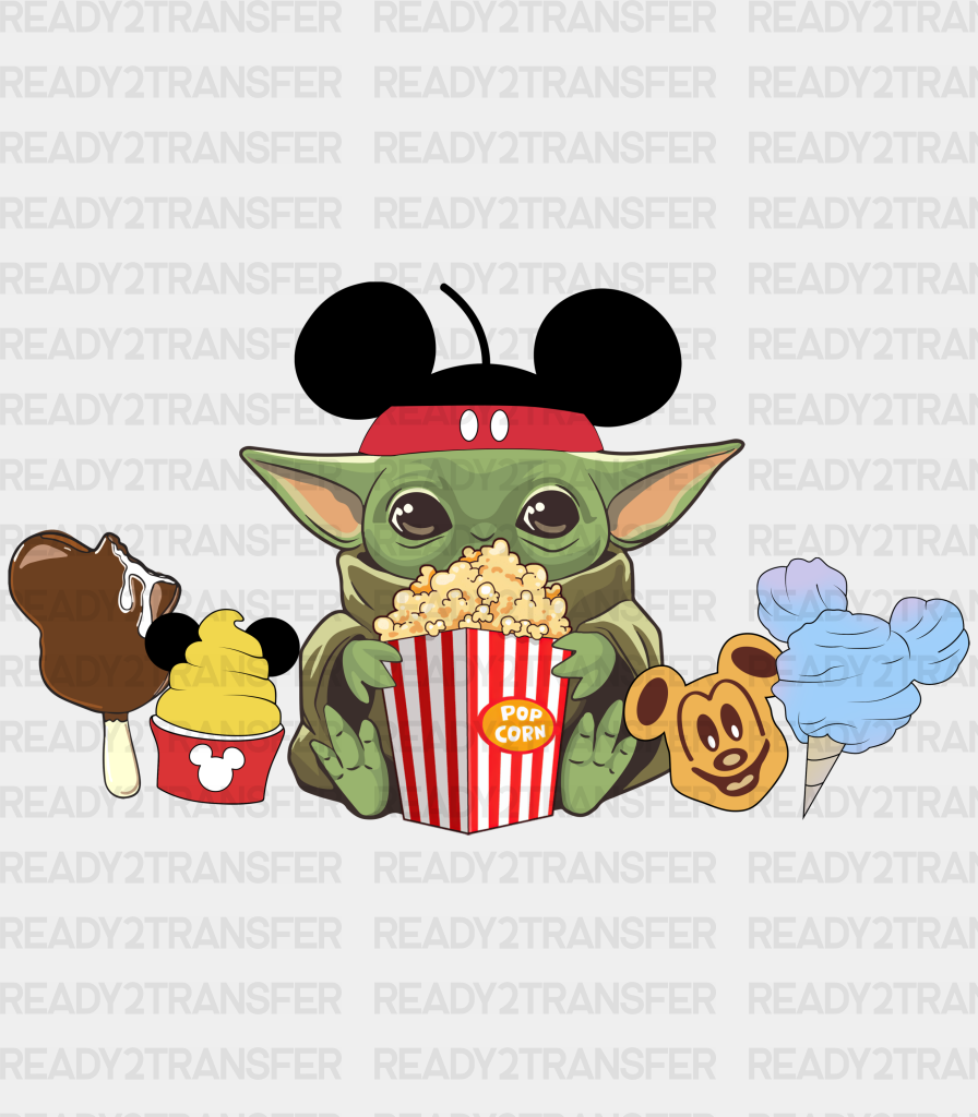 Popcorn Eating Baby Yoda Disney Dtf Transfer Adult Unisex - S & M (10’) / Black