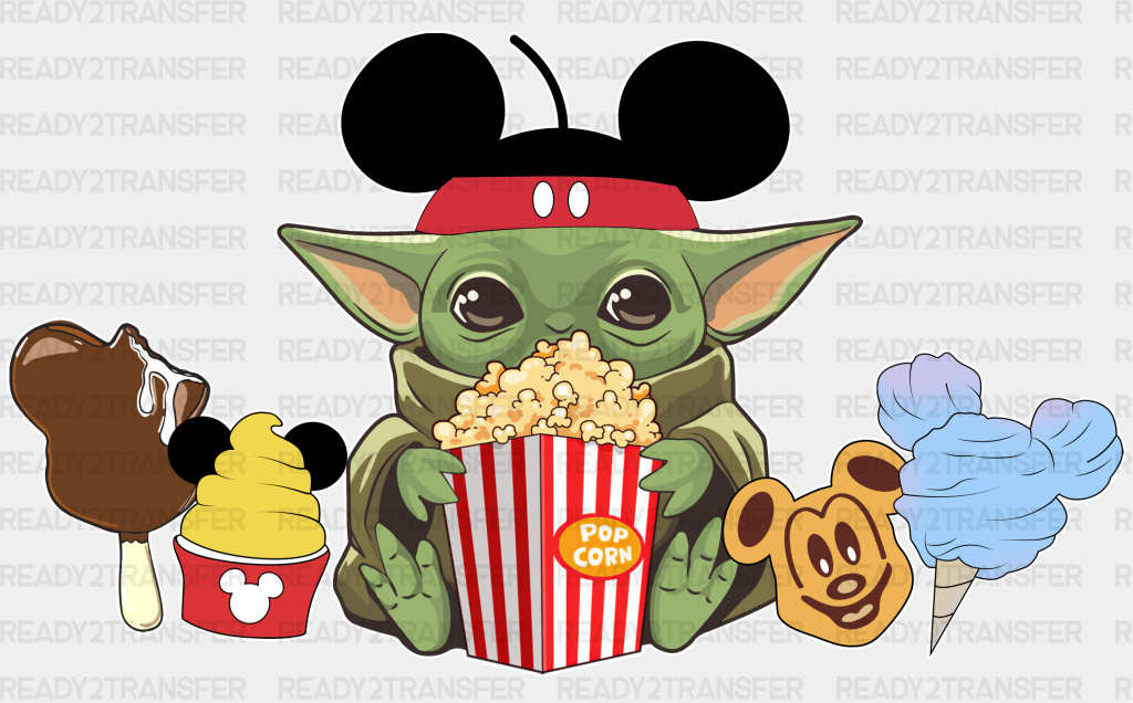 Popcorn Eating Baby Yoda Disney Dtf Transfer Adult Unisex - S & M (10’) / White