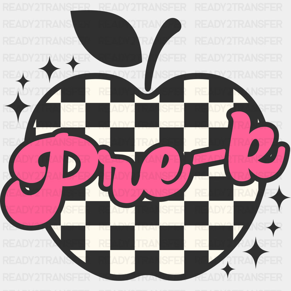 Pre-K Checkered Apple, Pink Text - Pre-K DTF Transfers ready2transfer Dark Color Design (See Imaging)