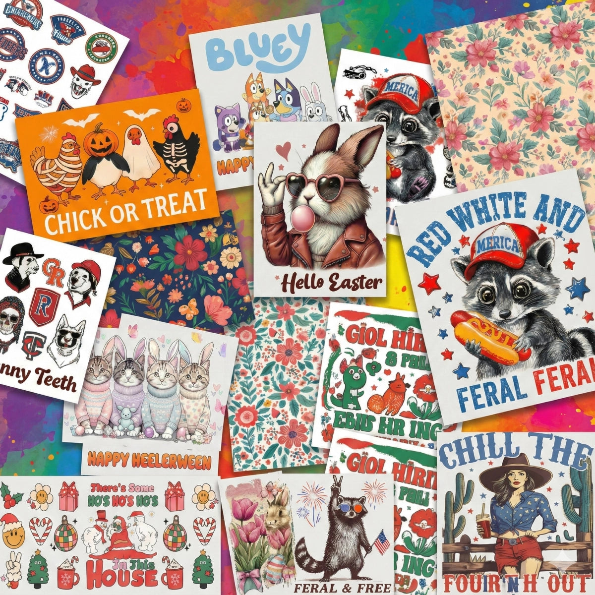 Premade DTF gang sheets with multiple ready-to-press designs