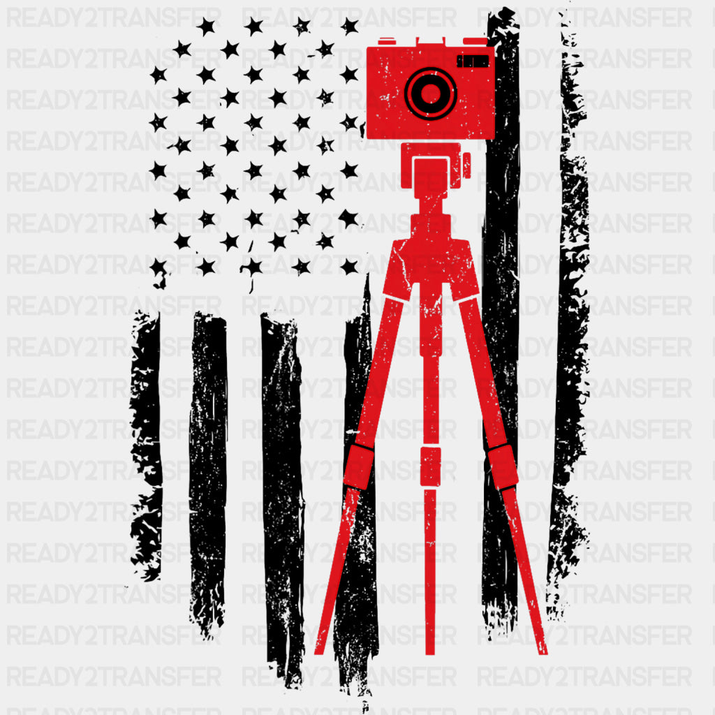 Red Camera, USA Flag - Photography DTF Transfers ready2transfer Dark Color Design (See Imaging)