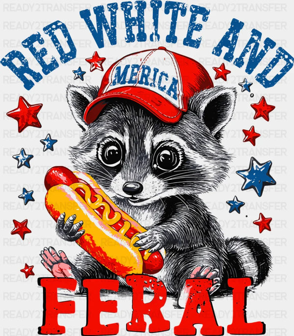 Red White And Feral Baby Raccoon - 4th Of July DTF Transfer