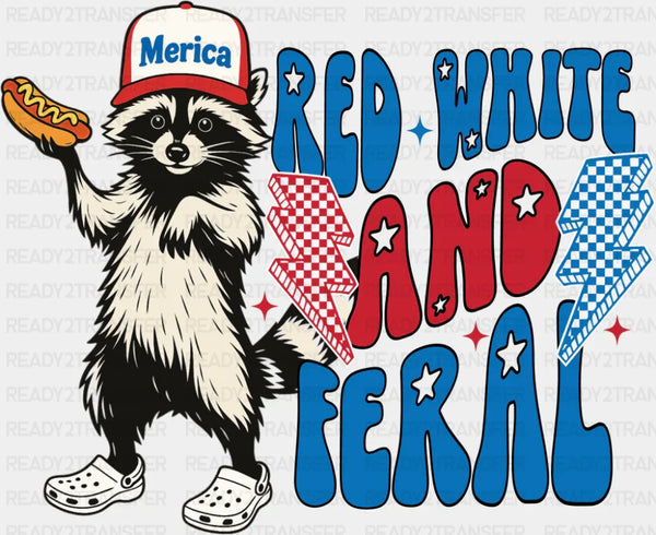 Red White And Feral Raccoon Design - 4th Of July DTF Transfer