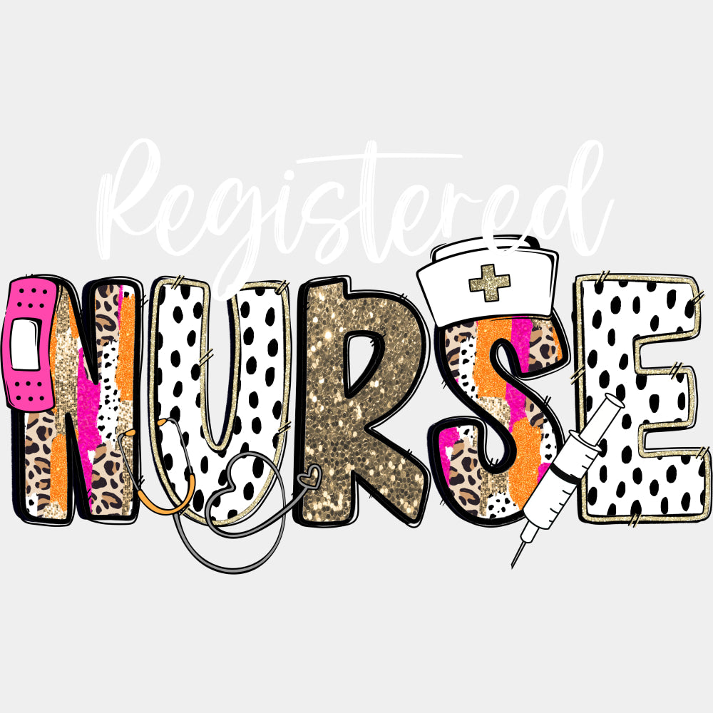 Registered Nurse, Black Dotted Design - Registered Nurse DTF Transfers ready2transfer Light Color Design (See Imaging)