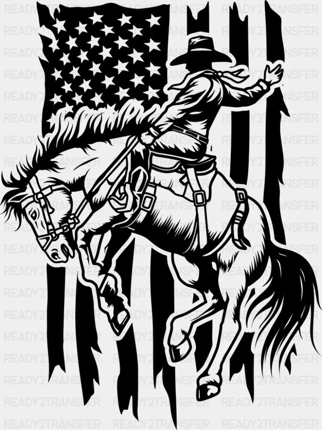 Rodeo US Flag B&W - Rodeo DTF Transfer Adult Unisex - S & M (10’’) / Dark Color Design (See Imaging)