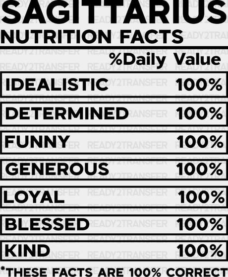 Sagittarius Nutrition Facts - Zodiacs & Horoscopes Dtf Heat Transfer Adult Unisex S M (10’’) /