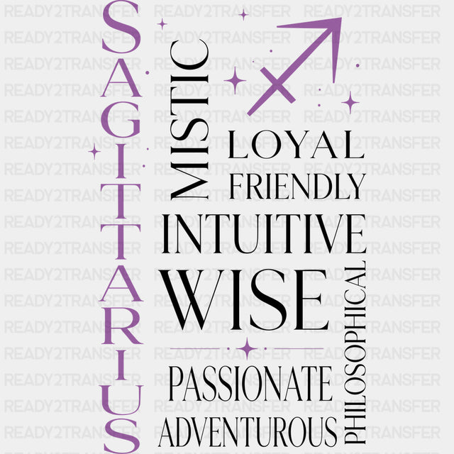 Sagittarius Qualities Purple - Zodiacs & Horoscopes DTF Transfers - Adult Unisex - S & M (10’’) / Dark Color Design