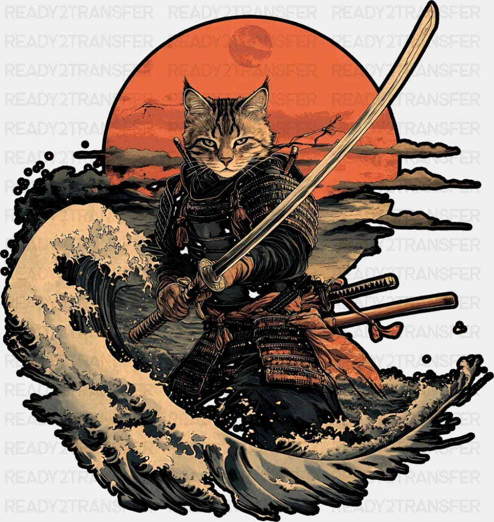 Samurai Cat & Kanagawa Wave - Cats DTF Transfer ready2transfer Dark Color Design (See Imaging)