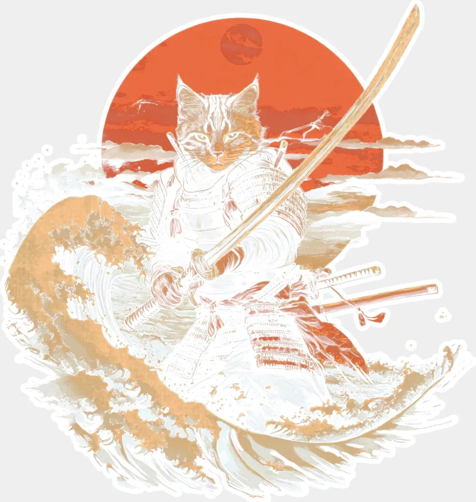 Samurai Cat & Kanagawa Wave - Cats DTF Transfer ready2transfer Light Color Design (See Imaging)