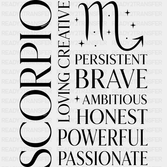 Scorpio Qualities Black - Zodiacs & Horoscopes DTF Transfers - Adult Unisex - S & M (10’’) / Dark Color Design (See