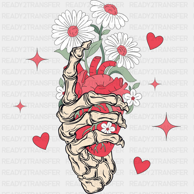 Skeleton Holding A Heart With Flowers - Valentine's Day DTF Transfers ready2transfer