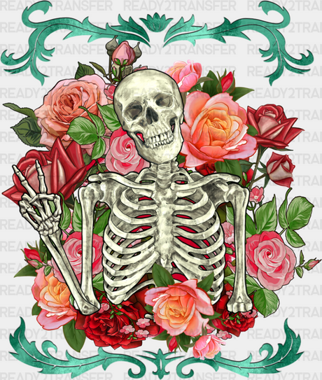 Skeleton Peace Sign Flowers Design - Iron On Dtf Transfer