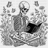Skeleton Reading Flowers - Reading DTF Transfers - Adult Unisex - S & M (10’’) / Dark Color Design (See Imaging)