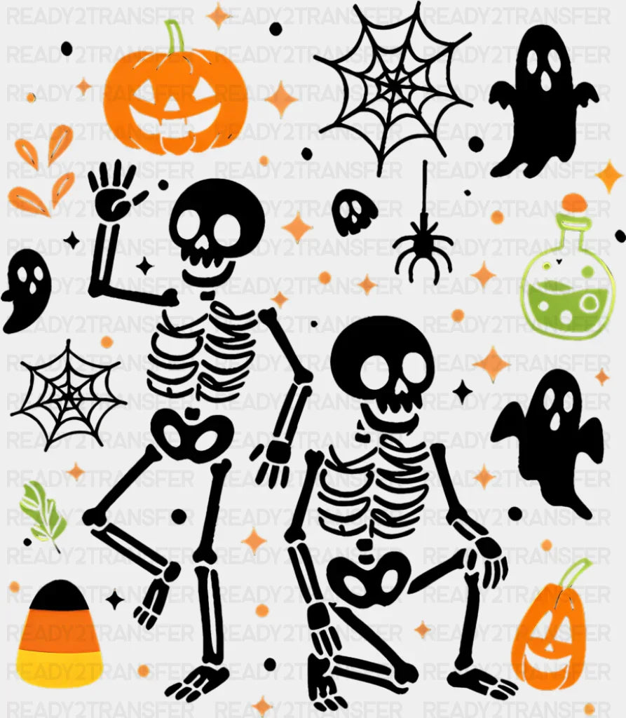 Skeletons Pumpkins Spiders Ghosts - Halloween DTF Transfer Adult Unisex - S & M (10’’) / Dark Color Design (See Imaging)