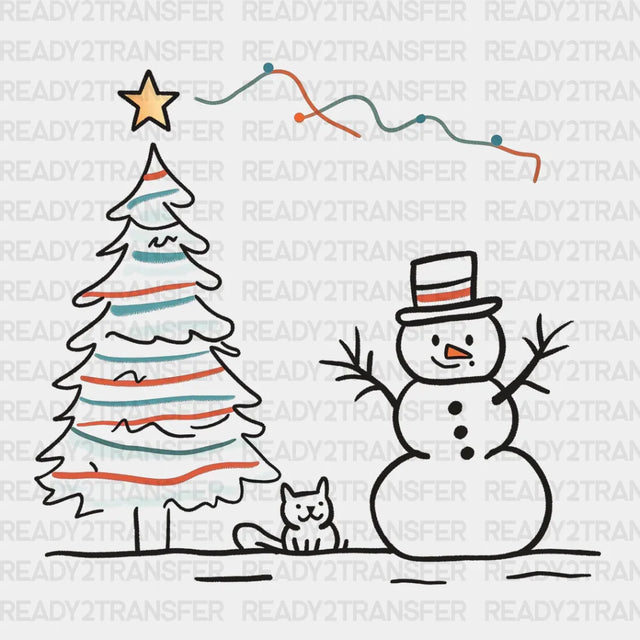 Snowman And Cat - Christmas Dtf Transfer Adult Unisex S & M (10’’) / Dark Color Design (See Imaging)